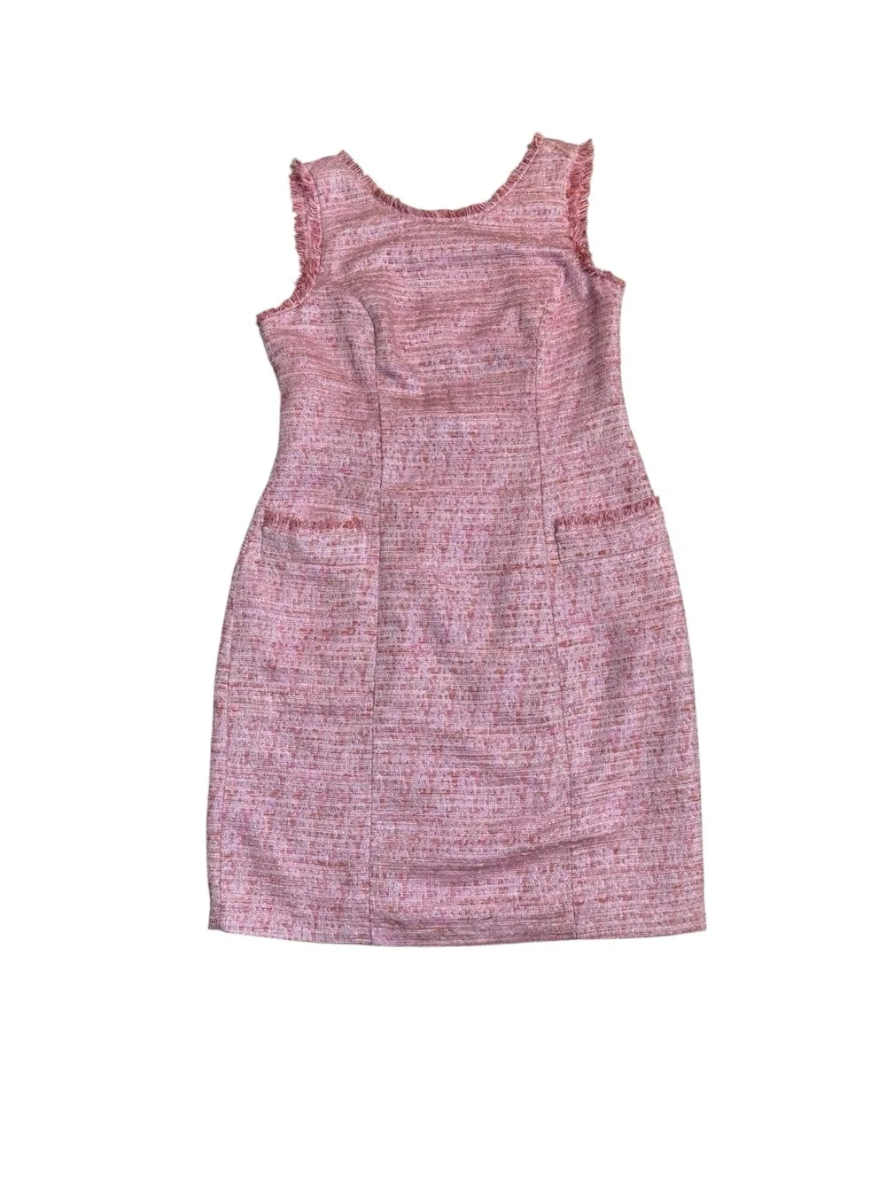 Adrianna Papell Pink Tweed Sheath Dress Fringe Cutout Back Pockets Size 12